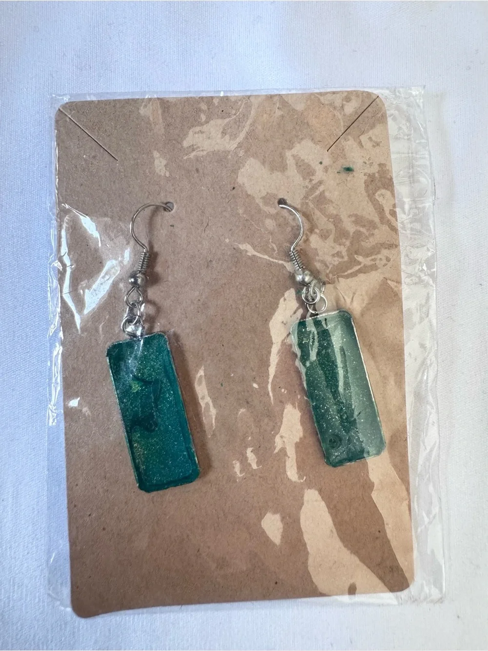 Hand Crafted Teal Green Rectangular Resin Drop Earrings